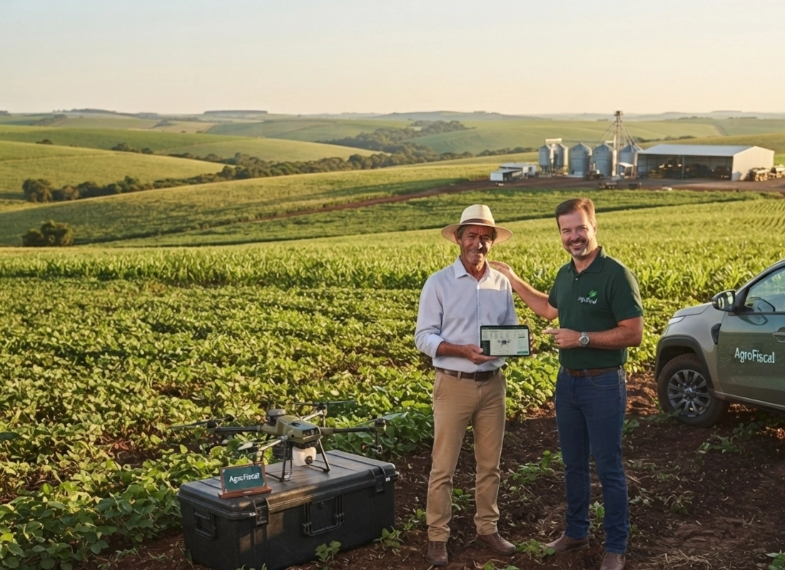 Produtor rural e consultor da AgroFiscal em lavoura de soja, com drone e veículo da AgroFiscal ao fundo