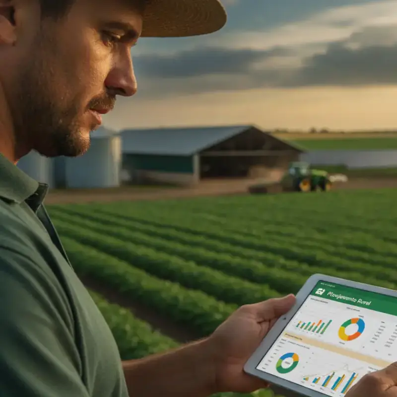Consultor agrofiscal caminhando em plantação de café com tablet mostrando dados de análise fiscal