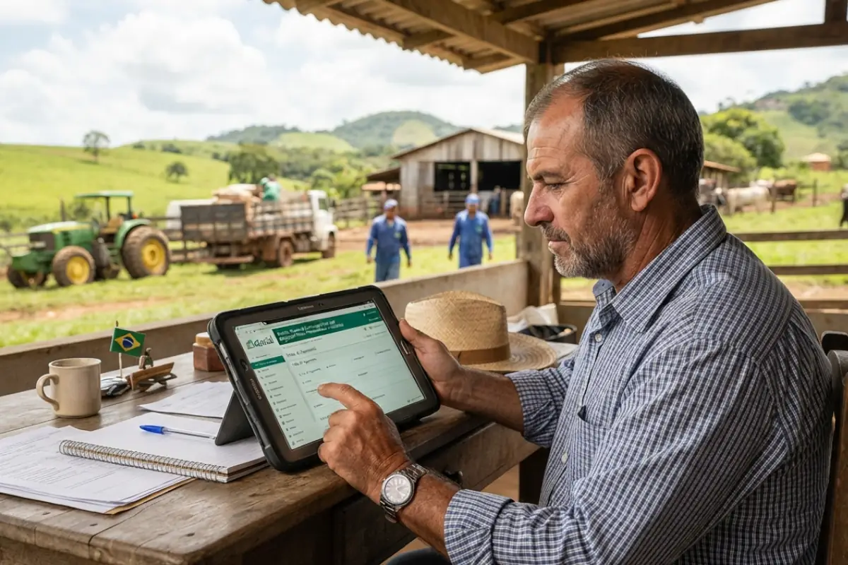 Empregador rural utilizando sistema e-Social em computador no escritório da fazenda