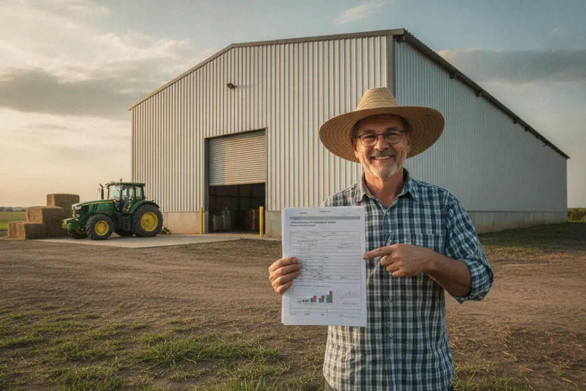 Produtor rural segurando documentos de declaração de Imposto de Renda em frente ao armazém agrícola