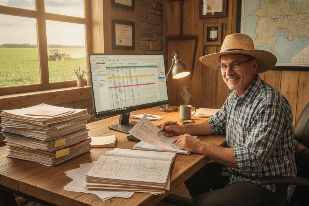 Produtor rural analisando documentos contábeis e planilhas financeiras no escritório da fazenda