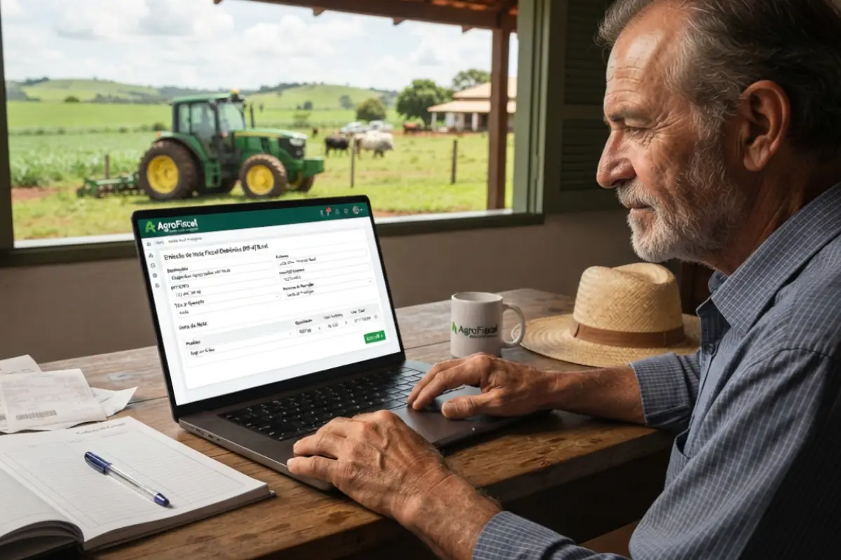 Nota Fiscal Eletrônica sendo emitida em sistema contábil para produtor rural