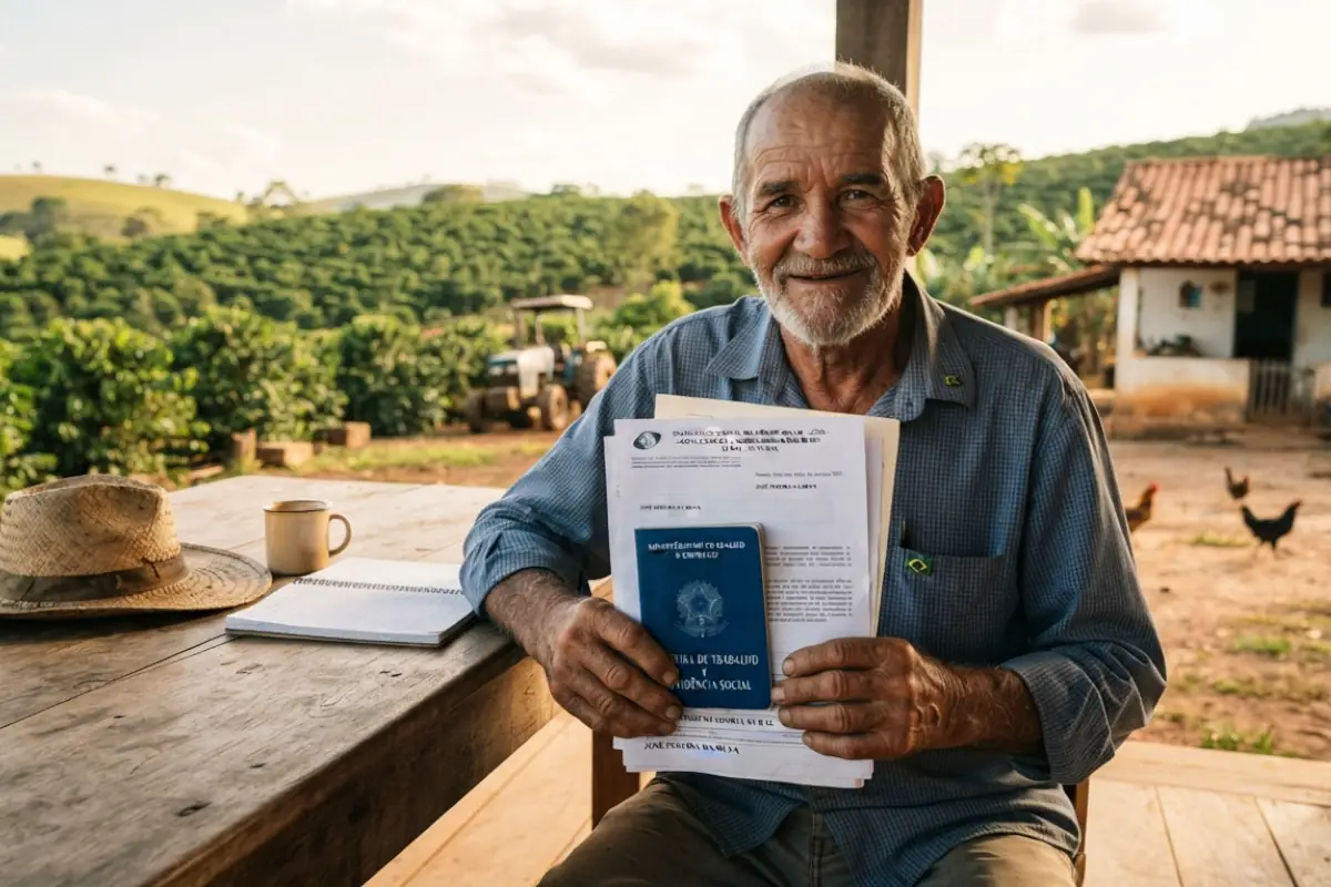 Produtor rural idoso com documentos de aposentadoria rural em mãos