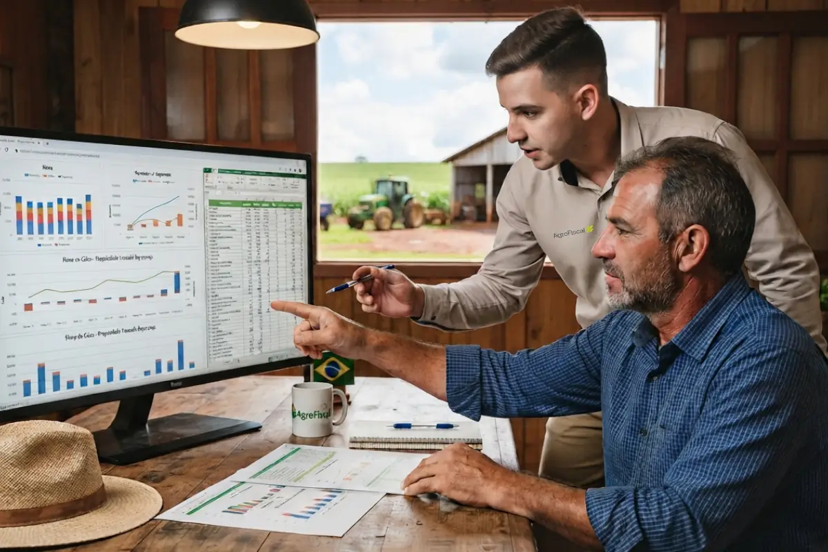 Produtor rural analisando gráficos financeiros e fluxo de caixa da propriedade