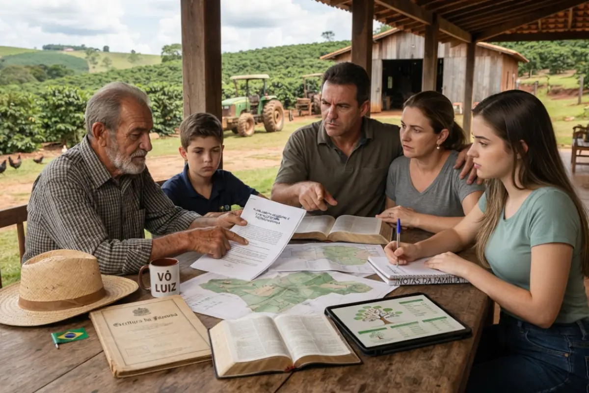 Família rural reunida em propriedade discutindo planejamento sucessório e herança